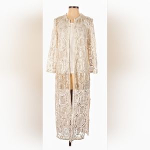 Chico's Black Label 0 Small Kimono Ivory Gold crocheted 4 Jacket cardigan Beach